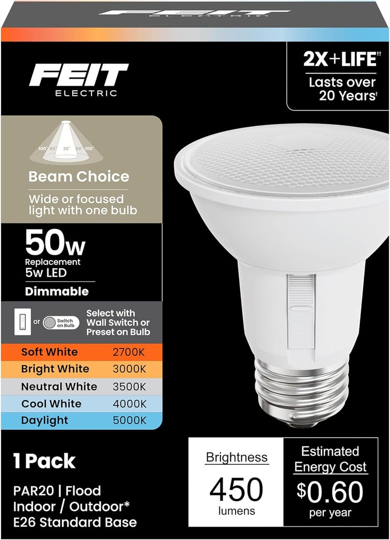 Feit Electric PAR20 LED Reflector Light, 50W Equivalent, Dimmable, Adjustable Beam, Adjustable White (2700K-5000K), 90+ CRI, Indoor/Outdoor, Track Lighting, 25,000-Hour Lifetime, PAR20/ADJ/6WYCA - Image 1